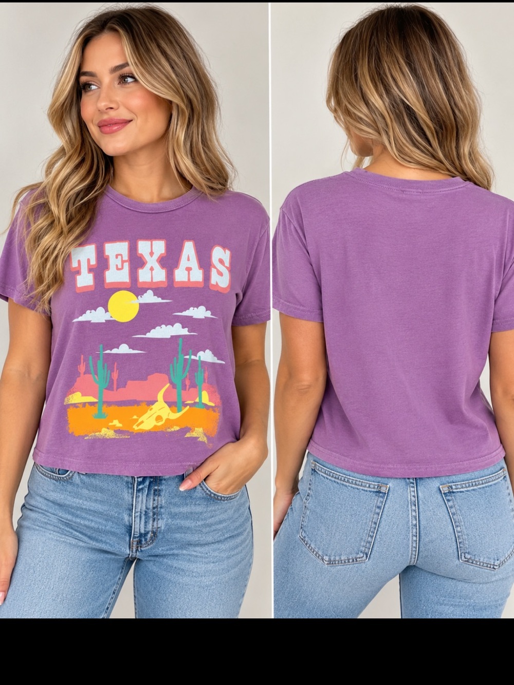 Goodie Two Sleeves Texas Cactus Skull Western Graphic Crop Tee Purple L NWT💜